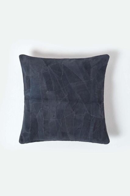 Homescapes Real Leather Suede Cushion with Feather Filling in Navy - Size: 45 cm x 45 cm - image 1