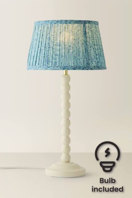 ValueLights Bobbin Leaf Printed Pleated Shade Cream Bobble Table Lamp with Bulb in Mid Blue - image 1