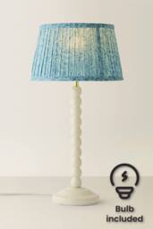 ValueLights Bobbin Leaf Printed Pleated Shade Cream Bobble Table Lamp with Bulb in Mid Blue - thumbnail 1
