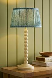 ValueLights Bobbin Leaf Printed Pleated Shade Cream Bobble Table Lamp with Bulb in Mid Blue - thumbnail 2