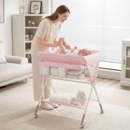 CASART Foldable Baby Diaper Changing Table Nursery Organizer w/Storage Basket in Pink