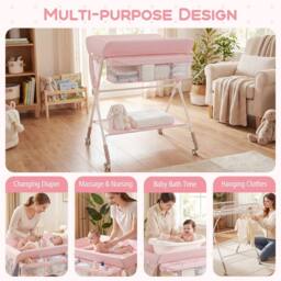 CASART Foldable Baby Diaper Changing Table Nursery Organizer w/Storage Basket in Pink - thumbnail 5