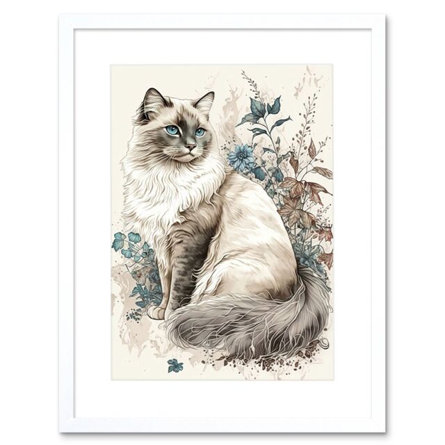 "Artery8 Wall Art Print Blue Point Ragdoll Cat with Flowers Watercolour Artwork Framed 9X7 Inch in White - Size: W7"" x H9""" - image 1