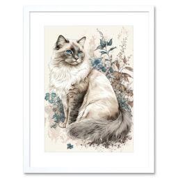 "Artery8 Wall Art Print Blue Point Ragdoll Cat with Flowers Watercolour Artwork Framed 9X7 Inch in White - Size: W7"" x H9""" - thumbnail 1