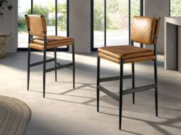 Angel Cerda Leather Stool, Brown Cowhide, Dark Polished Steel Legs in Tan - thumbnail 3