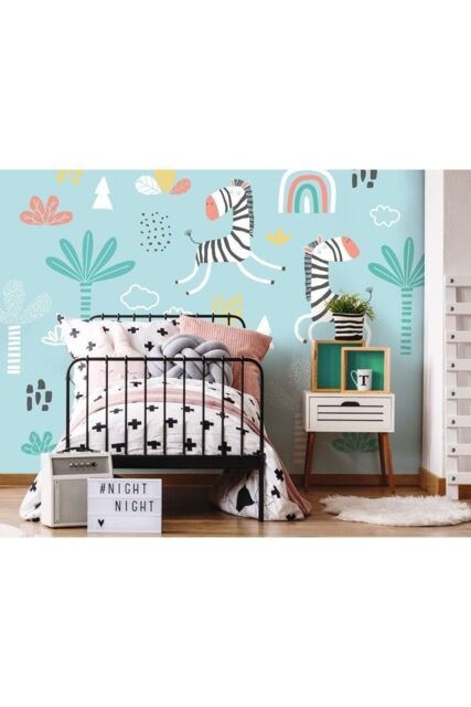 Origin Murals Dancing Zebras Wall Mural in Blue - Size: W350 cm x H280 cm - image 1