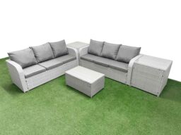 Fimous Outdoor Garden Furniture Sets 6 Seater Wicker Rattan Furniture Sofa Sets w/ Rectangular Coffee Table high Back Lounge Sofa 2 Side Table Light - thumbnail 2