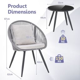 Costway 3 Piece Patio Furniture Set Woven Rope Balcony Chair w/ Seat & Back Cushions - thumbnail 2