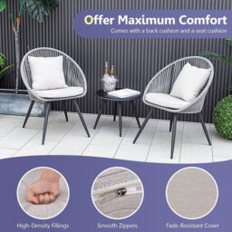 Costway 3 Piece Patio Furniture Set Woven Rope Balcony Chair w/ Seat & Back Cushions - thumbnail 5