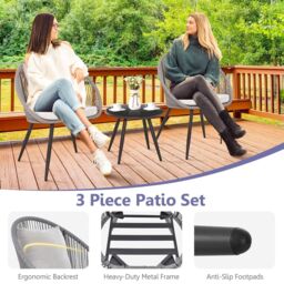 Costway 3 Piece Patio Furniture Set Woven Rope Balcony Chair w/ Seat & Back Cushions - thumbnail 4