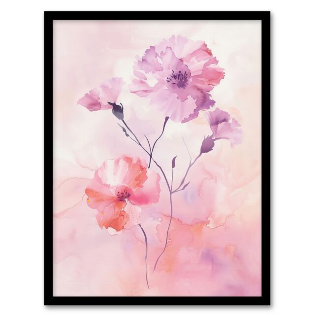 "Artery8 Carnation Flowers Watercolour Pink Pastel Modern Framed Art Print - Size: W12"" x H16""" - image 1