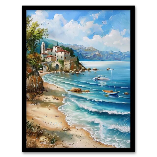 "Artery8 Seaside Beach Scene Coastal Landscape Painting Framed Art Print in Blue - Size: W12"" x H16""" - image 1