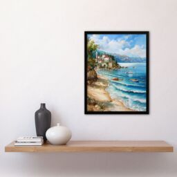 "Artery8 Seaside Beach Scene Coastal Landscape Painting Framed Art Print in Blue - Size: W12"" x H16""" - thumbnail 4