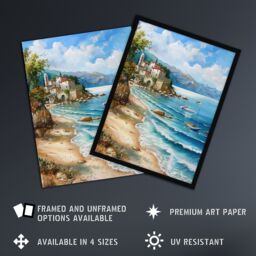 "Artery8 Seaside Beach Scene Coastal Landscape Painting Framed Art Print in Blue - Size: W12"" x H16""" - thumbnail 2