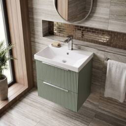 Balterley Tixall Fluted 2 Drawer Wall Hung Vanity Basin Unit, Satin Green, 500mm in Green - thumbnail 3