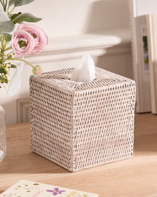 Dibor Traditional Square White Rattan Tissue Box Cover in Natural - image 1