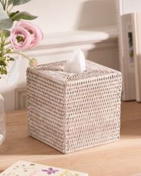 Dibor Traditional Square White Rattan Tissue Box Cover in Natural - thumbnail 1