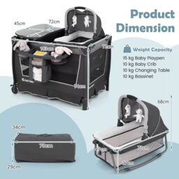 Costway 5-in-1 Toddlers Portable Travel Cot Baby Playard Convertible Playpen in Grey - thumbnail 2