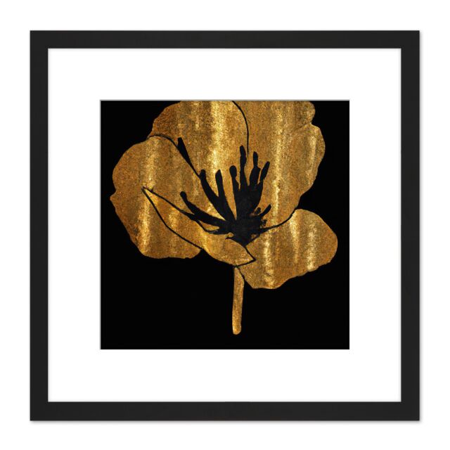 Artery8 Gold on Black Pressed Poppy Flower Metallic Effect Foil Single Flower Floral Painting Square Wooden Framed Wall Art Print Picture 8X8 Inch - image 1
