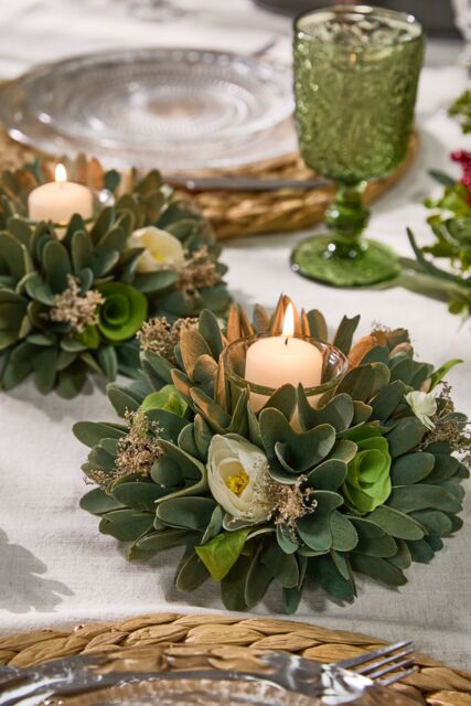 Dibor Set of 2 Floral Green Table Decoration Candle Holders Dia16cm - Size: Small - image 1