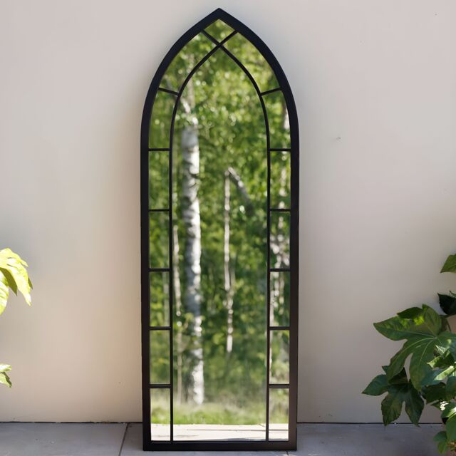 Primrose Pointed Arch Garden Mirror Metal Frame Glass Window Illusion 170cm in Black - image 1