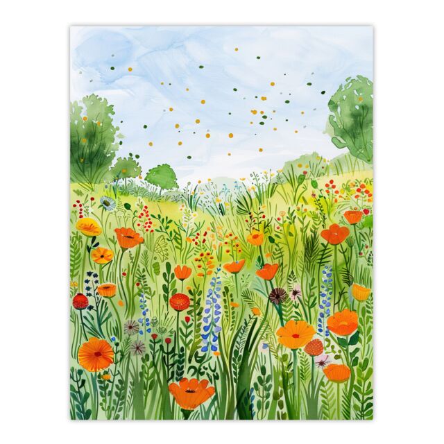 "Artery8 California Poppy Reserve Summer Flower Meadow Wall Art Print in Green - Size: W12"" x H16""" - image 1