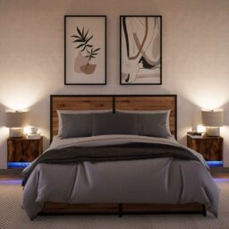 Berkfield Home Wall-mounted Bedside Cabinets with LED Lights 2 pcs Smoked Oak in Brown - thumbnail 5