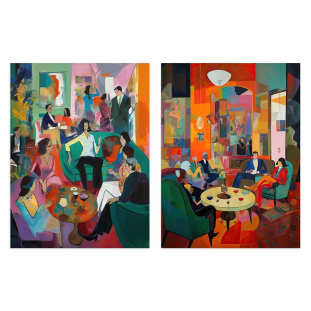 Artery8 Wall Art Print Set of 2 s The Cocktail Party 1970's Home Decor Aesthetic Style 2 Pack Poster Living Room s - Size: A4 - image 1