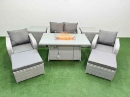 Fimous Light Grey PE Wicker Rattan Garden Furniture Set Sofa Set Reclining Chair Firepit Dining Table 6 Seater 2 Big Stools 2 Side Table - thumbnail 2