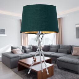 First Choice Lighting Set of 2 Tripod - Chrome Lamps with Green & Gold Fabric Shade in Silver - thumbnail 8