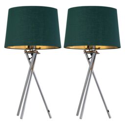 First Choice Lighting Set of 2 Tripod - Chrome Lamps with Green & Gold Fabric Shade in Silver