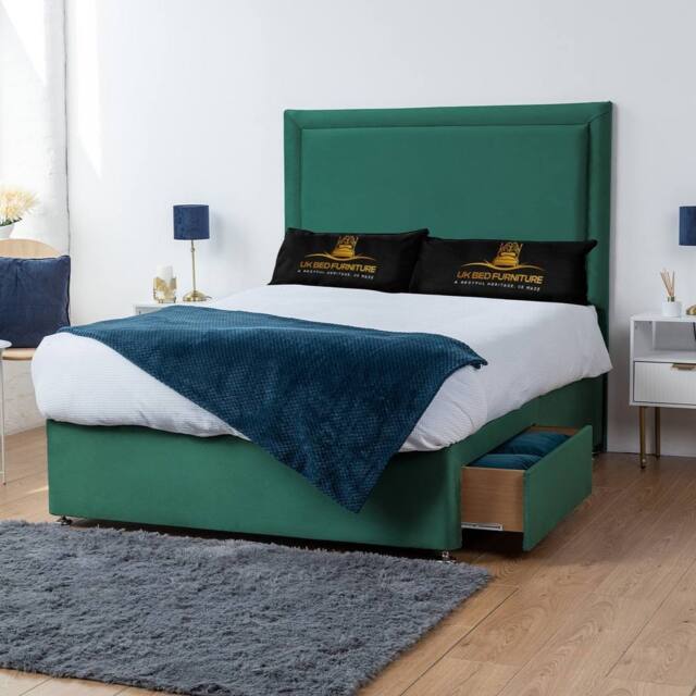 UK Bed Furniture Ascot Divan Bed with 4 Drawers & 26 Inch headboard in Green - Size: Double - image 1