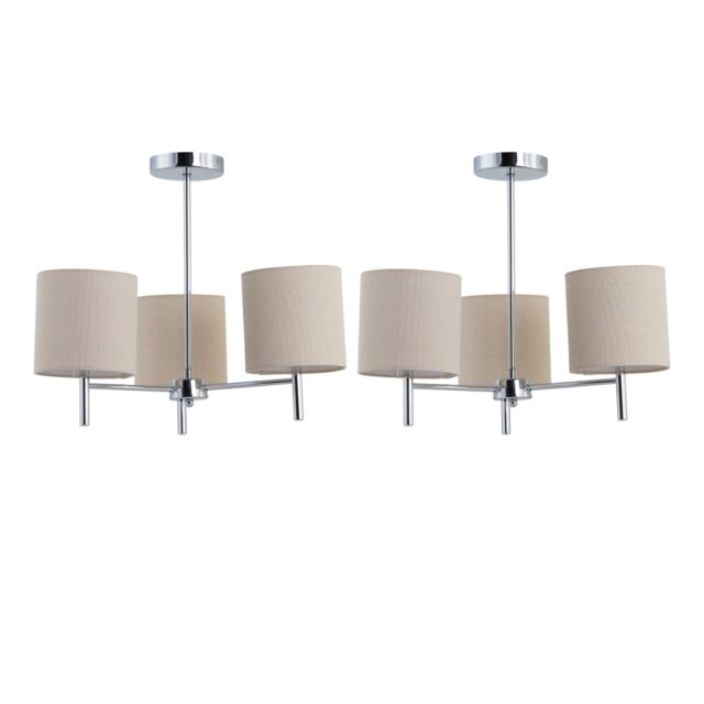 First Choice Lighting Set of 2 Brea - Chrome 3 Light Fittings with Natural Linen Shades in Silver - image 1