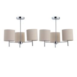 First Choice Lighting Set of 2 Brea - Chrome 3 Light Fittings with Natural Linen Shades in Silver