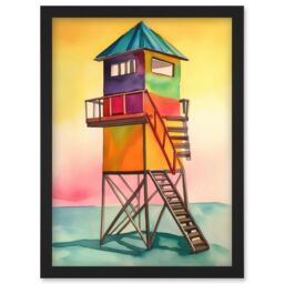 Artery8 Rainbow Lifeguard Tower Folk Art Watercolour Painting Artwork Framed Wall Art Print A4 in Black - thumbnail 1
