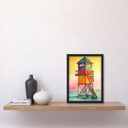 Artery8 Rainbow Lifeguard Tower Folk Art Watercolour Painting Artwork Framed Wall Art Print A4 in Black - thumbnail 2