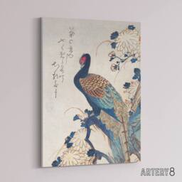 "Artery8 Pheasant & Chrysanthemums Canvas Wall Art Print Hiroshige in Blue - Size: W18"" x H24""" - thumbnail 2