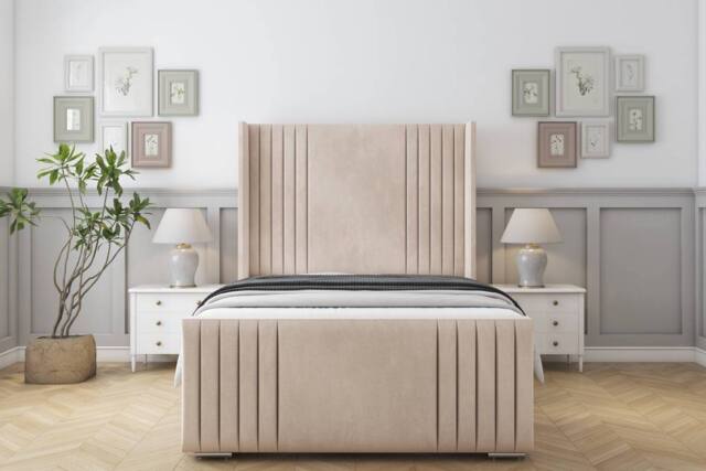 "Sloomy Camden Naples Frame-Mattress-50"" Upholstered Wingback Headboard in Light Sand - Size: Super King" - image 1