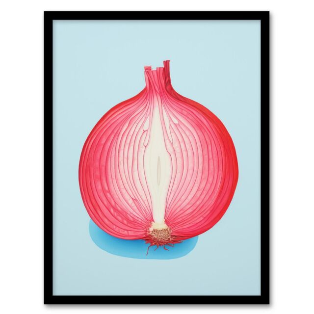"Wee Blue Coo Wall Art Print Just Add Red Onion Kitchen Painting Cut Vegetable Pastel Colour Pink on Blue Art Framed - Size: W12"" x H16""" - image 1