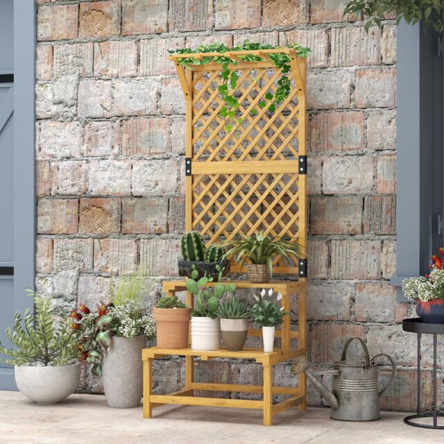 OUTSUNNY Wooden Plant Stand with Trellis for Climbing Plants, Yellow - image 1