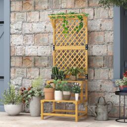 OUTSUNNY Wooden Plant Stand with Trellis for Climbing Plants, Yellow
