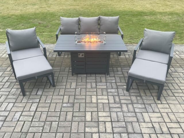Fimous Aluminium Patio Outdoor Garden Furniture Lounge Sofa Set Gas Fire Pit Dining Table with 2 Big Footstools Dark Grey - image 1