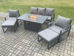 Fimous Aluminium Patio Outdoor Garden Furniture Lounge Sofa Set Gas Fire Pit Dining Table with 2 Big Footstools Dark Grey - thumbnail 2