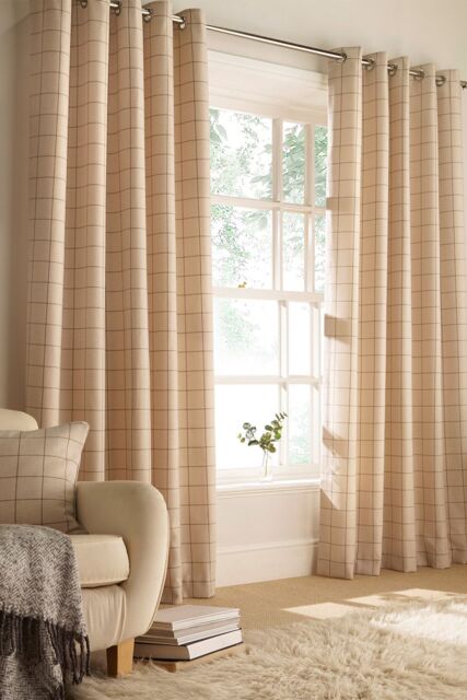 Furn Ellis Windowpane Check Eyelet Curtains in Natural - Size: 229 cm width x 183 cm drop - image 1
