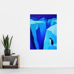 "Artery8 Lone King Penguin Antarctic Ice Glacier Landscape Wall Art Print in Blue - Size: W24"" x H32""" - thumbnail 4