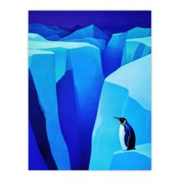 "Artery8 Lone King Penguin Antarctic Ice Glacier Landscape Wall Art Print in Blue - Size: W24"" x H32""" - thumbnail 1