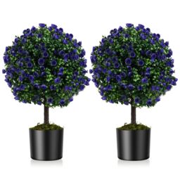 Gymax Set of 2 Artificial Purple Rose Topiary Ball Trees With Cement-Filled Pot - thumbnail 1