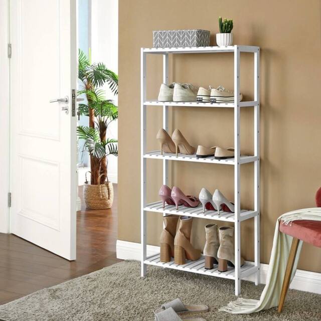 KORVIXA 5-Tier Bathroom Storage Shelves Bamboo Shelf in White - Size: 100 cm - image 1