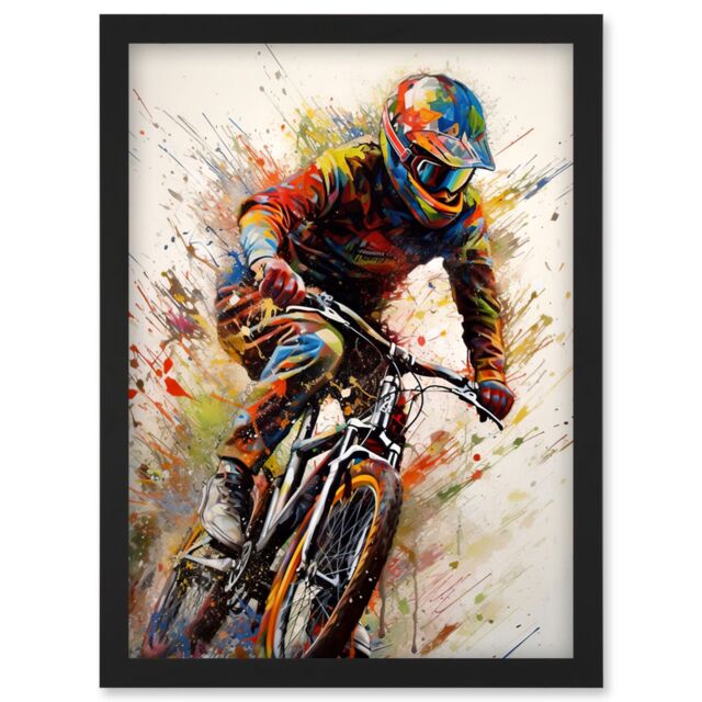 Artery8 Mountain Biker Portrait Splat Paint Action Shot Artwork Framed Wall Art Print A4 in Black - image 1