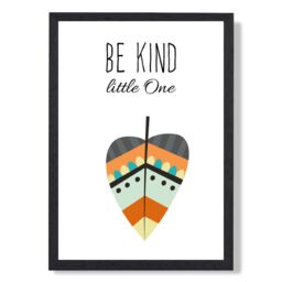ARTZE Be Kind Leaf Tribal Quote Framed Print SIZE: A3 with Black Frame in Bright Blue - thumbnail 1